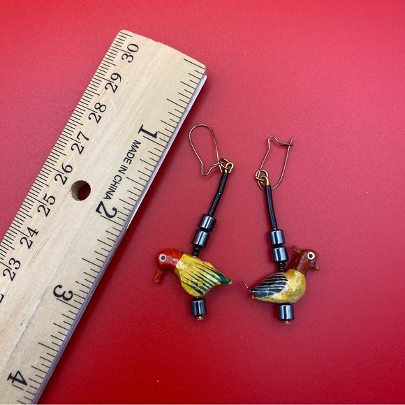 Hand Carved Wood and Hematite Bird Earrings - Picture 6 of 6
